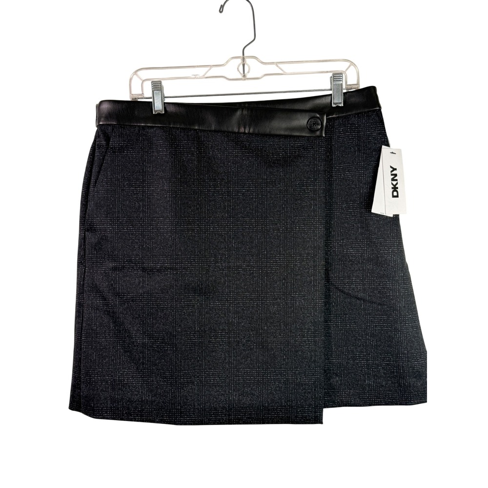 DKNY Womens Glen Plaid Wrap Mini Skirt Faux Leather‎ Trim Grey Black Size 12 NWT